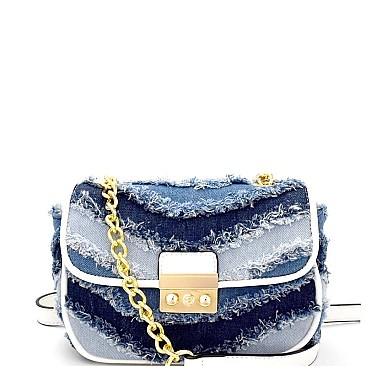 87690-LP Distressed Denim Patchwork Flap Shoulder Bag