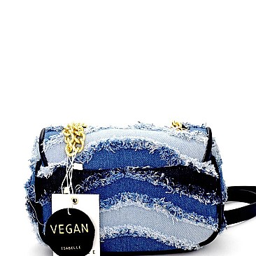 87690-LP Distressed Denim Patchwork Flap Shoulder Bag