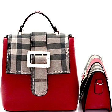 Buckle Accent Plaid 2 in 1 Convertible Backpack Cross Body SET MH-87801