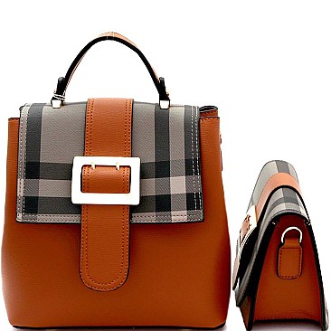 Buckle Accent Plaid 2 in 1 Convertible Backpack Cross Body SET MH-87801