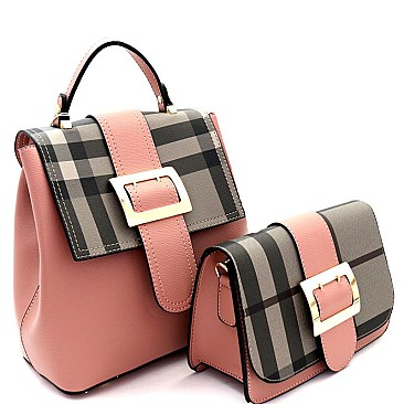 Buckle Accent Plaid 2 in 1 Convertible Backpack Cross Body SET MH-87801