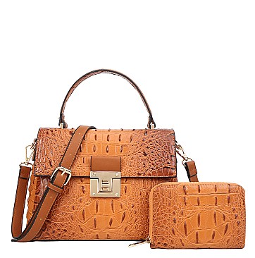 2 in 1 Crocodile Medium Flap Shoulder Bag Wallet Set