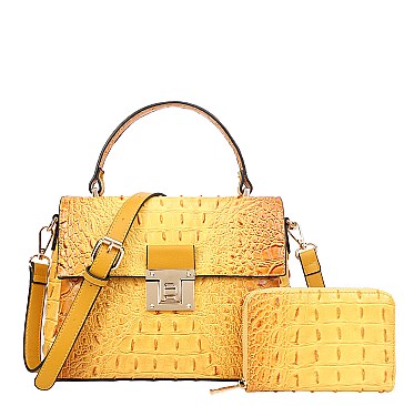 2 in 1 Crocodile Medium Flap Shoulder Bag Wallet Set