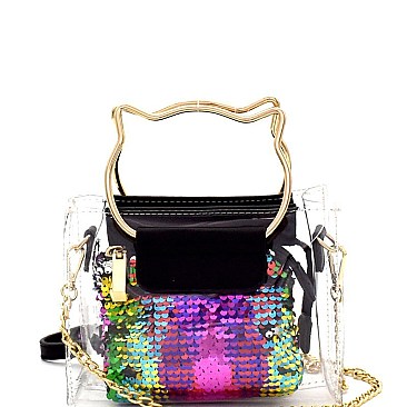 Cat Theme Metal Handle Clear 2 in 1 Cross Body with Sequin Pouch MH-87901