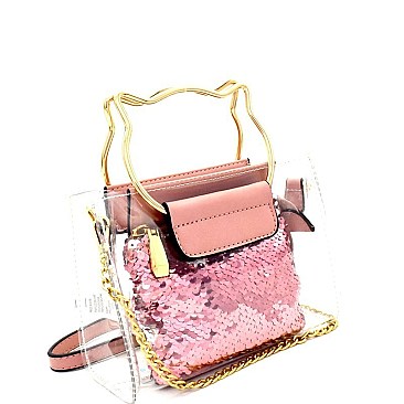 Cat Theme Metal Handle Clear 2 in 1 Cross Body with Sequin Pouch MH-87901