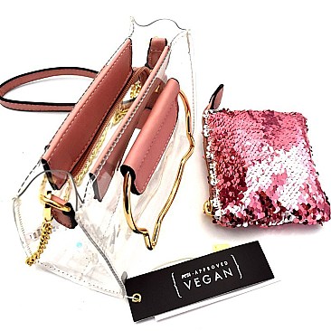 Cat Theme Metal Handle Clear 2 in 1 Cross Body with Sequin Pouch MH-87901