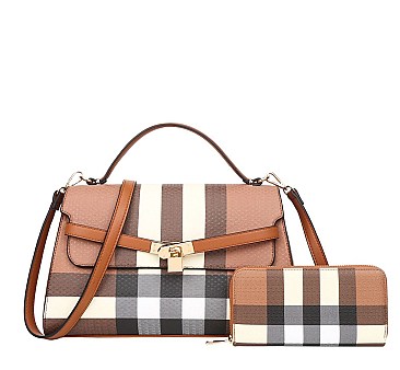 2 in 1 Plaid Pad-Lock Monogram Satchel Set