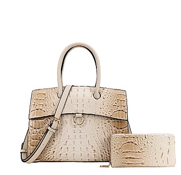 2 in 1 Ring Accent Crocodile Satchel Bag Wallet Set