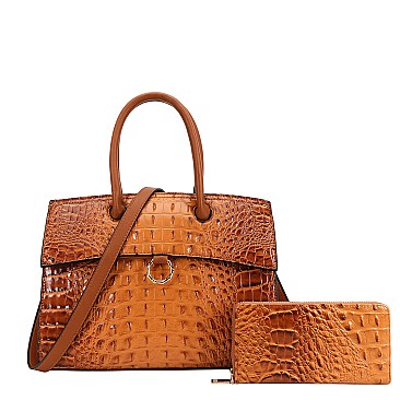 2 in 1 Ring Accent Crocodile Satchel Bag Wallet Set