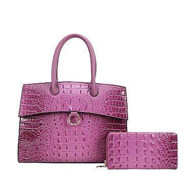 2 in 1 Ring Accent Crocodile Satchel Bag Wallet Set