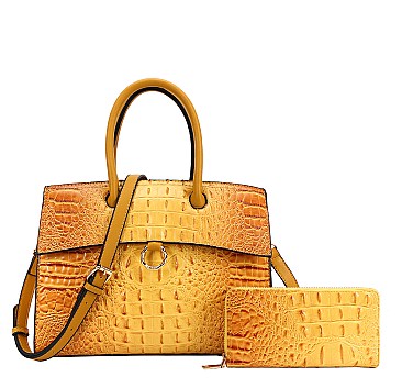 2 in 1 Ring Accent Crocodile Satchel Bag Wallet Set