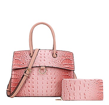 2 in 1 Ring Accent Crocodile Satchel Bag Wallet Set