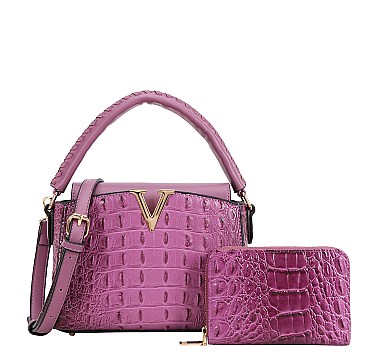 2 in-1 V- Accent Croc Satchel Purse / Wallet Set