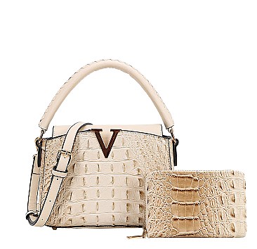 2 in-1 V- Accent Croc Satchel Purse / Wallet Set