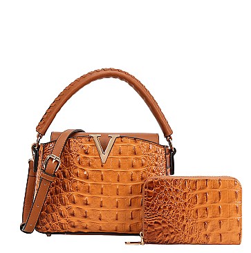 2 in-1 V- Accent Croc Satchel Purse / Wallet Set