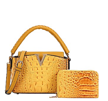 2 in-1 V- Accent Croc Satchel Purse / Wallet Set