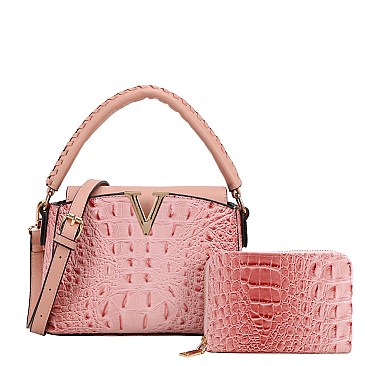 2 in-1 V- Accent Croc Satchel Purse / Wallet Set