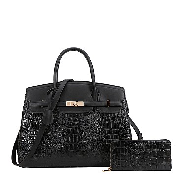 2in1 Classic Crocodile Skin Satchel Wallet Set