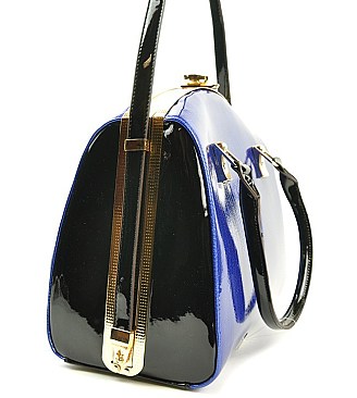 Jewel-top Patent Boxy Shape Satchel with Adjustable Strap