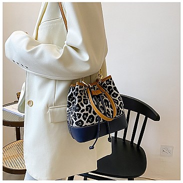 DRAW STRING LEOPARD PRINT BUCKET BAG