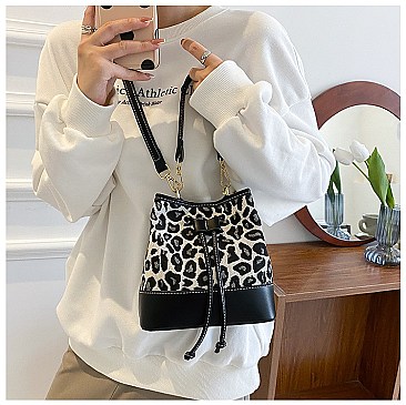 DRAW STRING LEOPARD PRINT BUCKET BAG