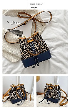 DRAW STRING LEOPARD PRINT BUCKET BAG