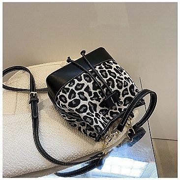 DRAW STRING LEOPARD PRINT BUCKET BAG