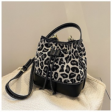 DRAW STRING LEOPARD PRINT BUCKET BAG