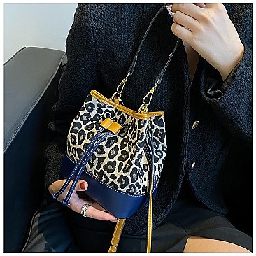 DRAW STRING LEOPARD PRINT BUCKET BAG