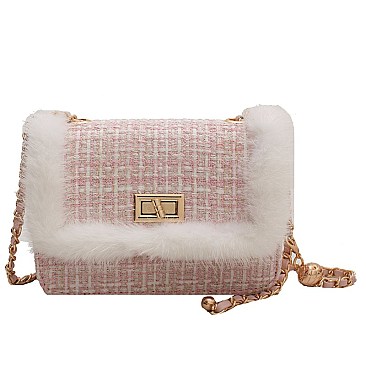 STYLISH FUR ACCENT SHOULDER CROSS BODY BAG