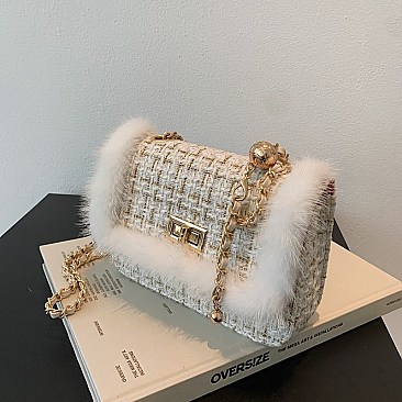 STYLISH FUR ACCENT SHOULDER CROSS BODY BAG