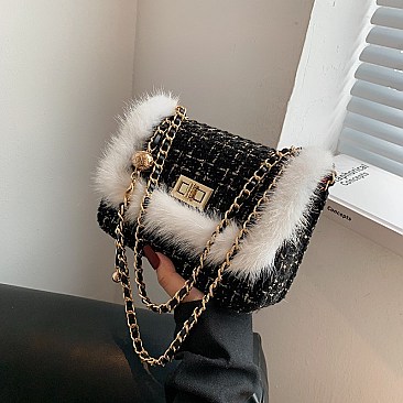 STYLISH FUR ACCENT SHOULDER CROSS BODY BAG