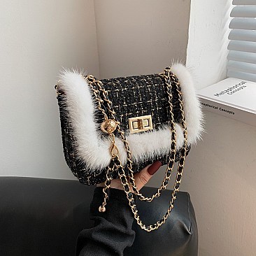 STYLISH FUR ACCENT SHOULDER CROSS BODY BAG