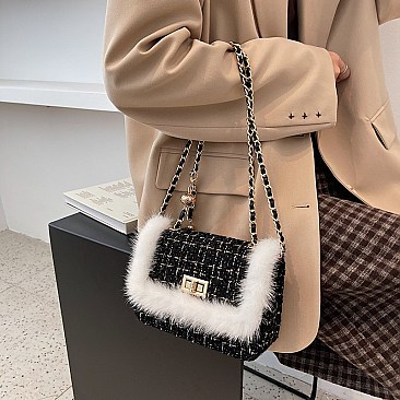 STYLISH FUR ACCENT SHOULDER CROSS BODY BAG