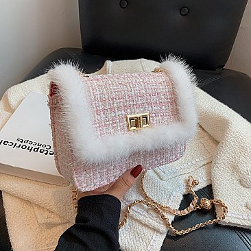 STYLISH FUR ACCENT SHOULDER CROSS BODY BAG