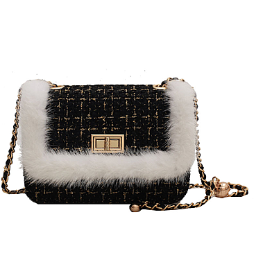 STYLISH FUR ACCENT SHOULDER CROSS BODY BAG