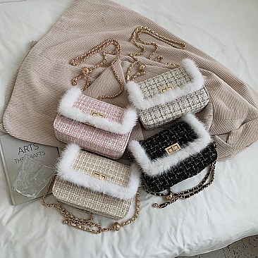 STYLISH FUR ACCENT SHOULDER CROSS BODY BAG