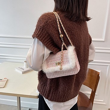 STYLISH FUR ACCENT SHOULDER CROSS BODY BAG