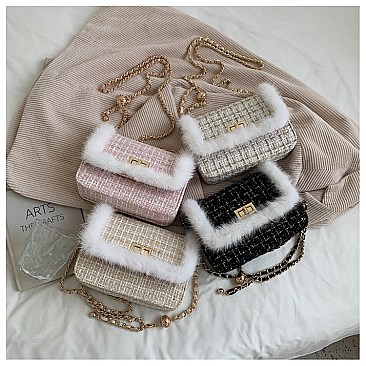 STYLISH FUR ACCENT SHOULDER CROSS BODY BAG