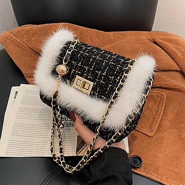 STYLISH FUR ACCENT SHOULDER CROSS BODY BAG