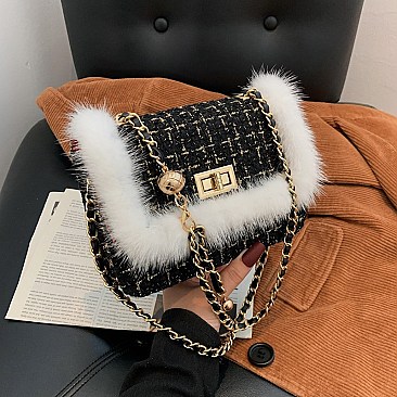 STYLISH FUR ACCENT SHOULDER CROSS BODY BAG