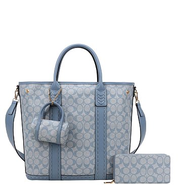 3-IN-1 Expandable Oval Print Tote /  W Small Satchel Wallet Set