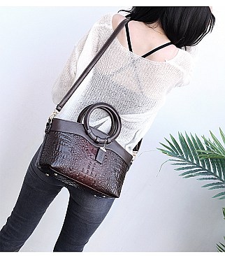 2 IN-1 Croc Round Top Handle Satchel Bag + Wallet