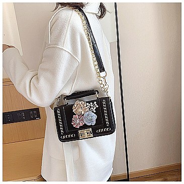 3D Flower-Pearl Design Chain Accent Satchel