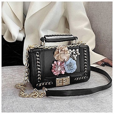 3D Flower-Pearl Design Chain Accent Satchel