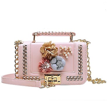 3D Flower-Pearl Design Chain Accent Satchel