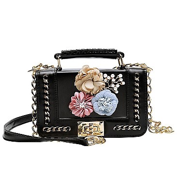 3D Flower-Pearl Design Chain Accent Satchel
