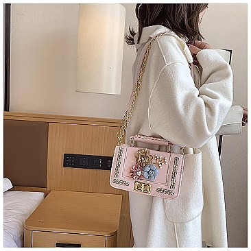 3D Flower-Pearl Design Chain Accent Satchel