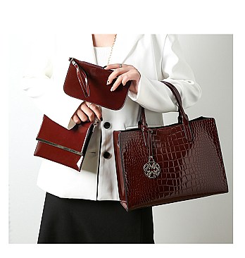 3 in 1 Patent Crocodile Glossy Satchel Set