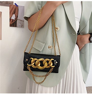 Crocodile Linked Chain Accent Flap Cross-Body